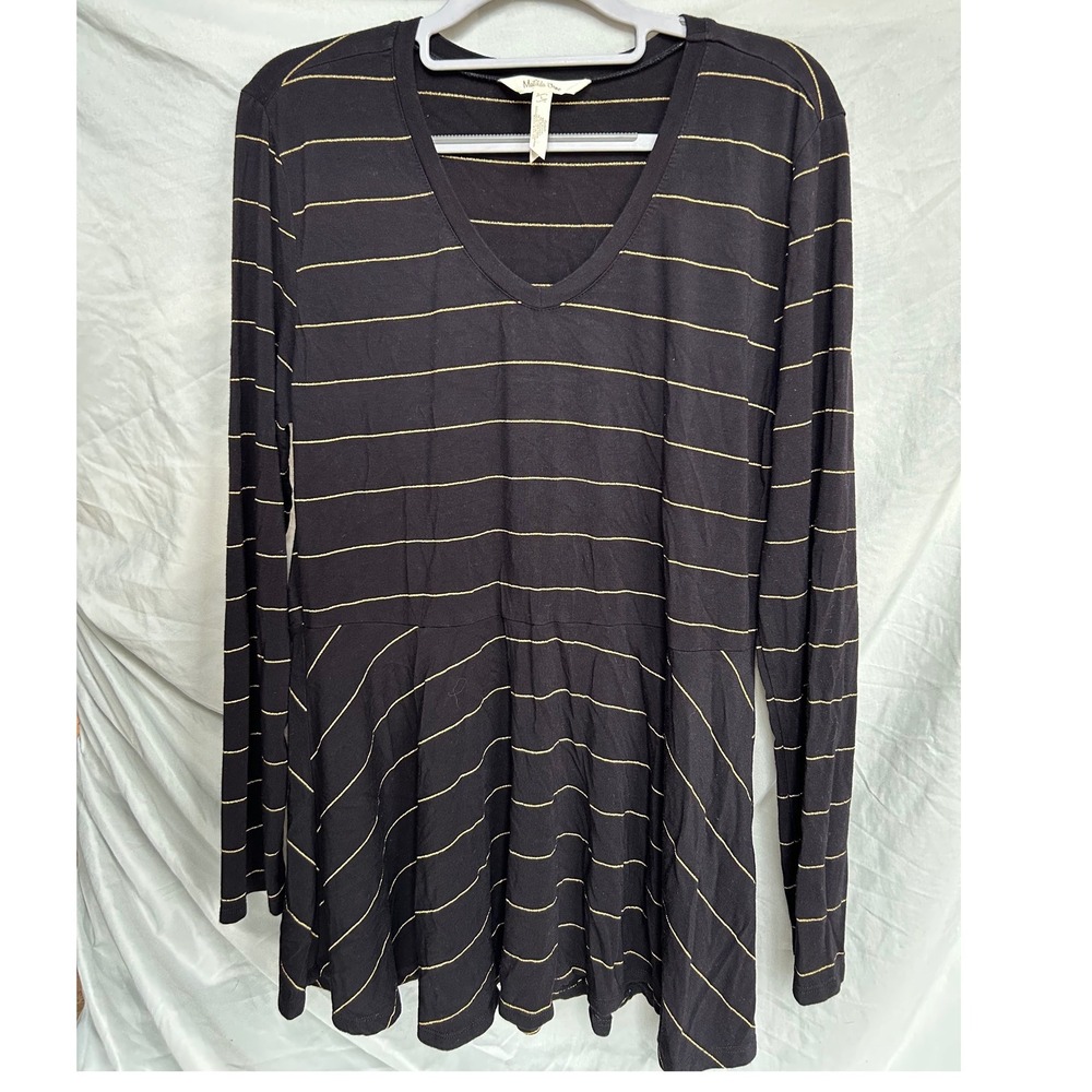 Matilda‎ Jane Black Gold Metallic Striped Peplum Top Size L Long Sleeve V-Neck